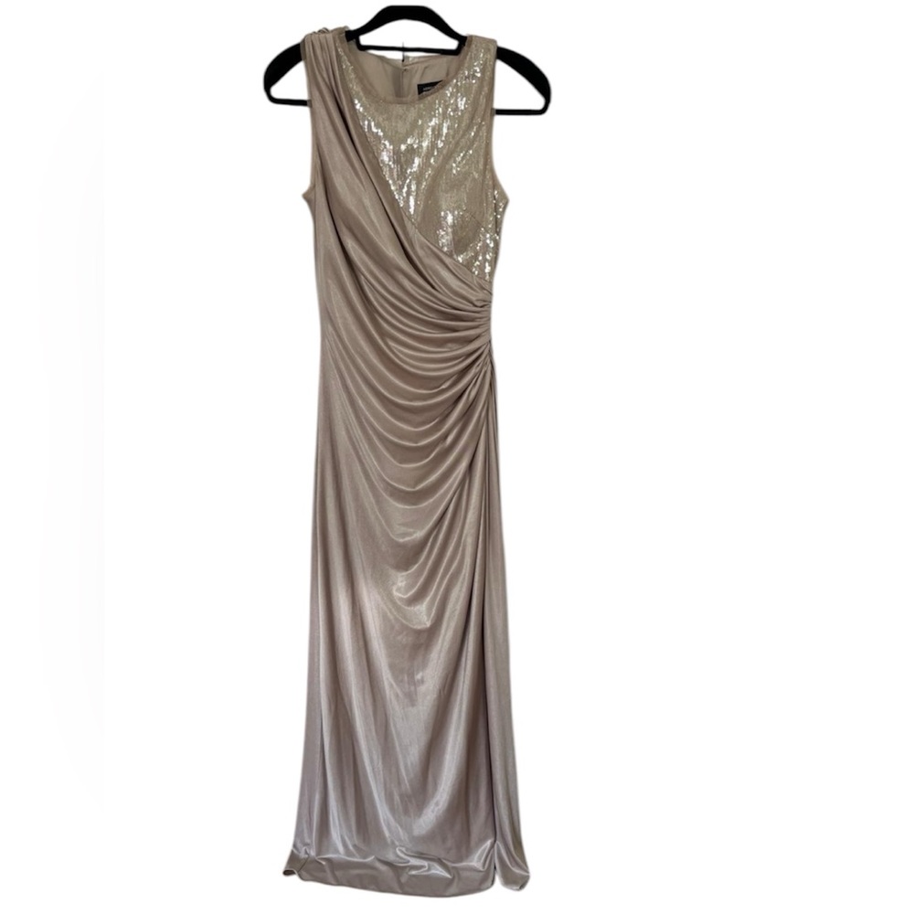 Adrianna Papell Tan Gold Asymmetrical Ruched Gown